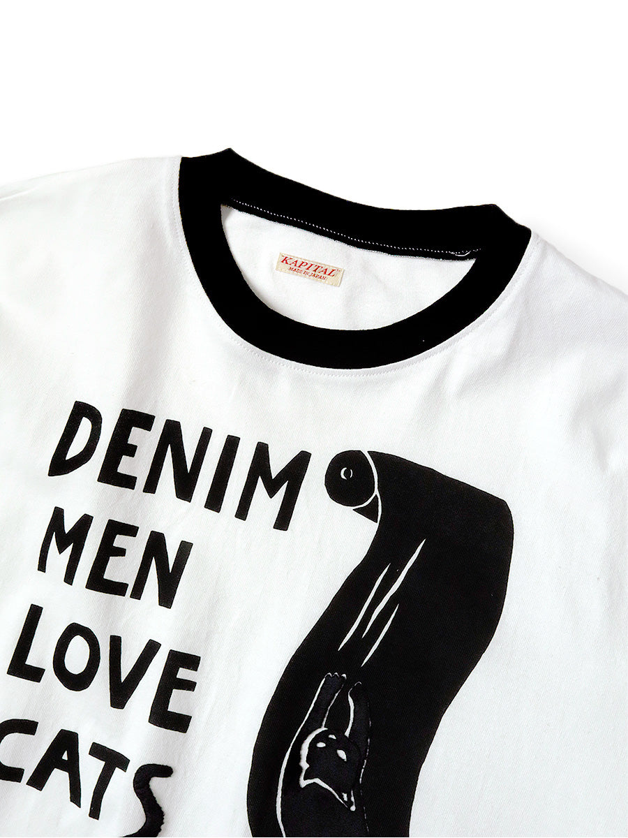 Kapital Jersey Ringer Tee (Denim Men Love Cats Scratch Print)