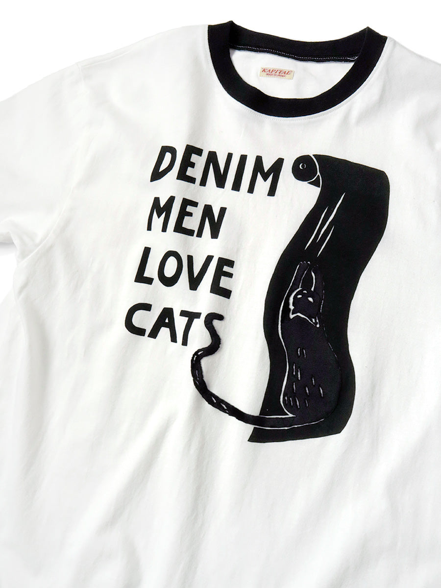Kapital Jersey Ringer Tee (Denim Men Love Cats Scratch Print)