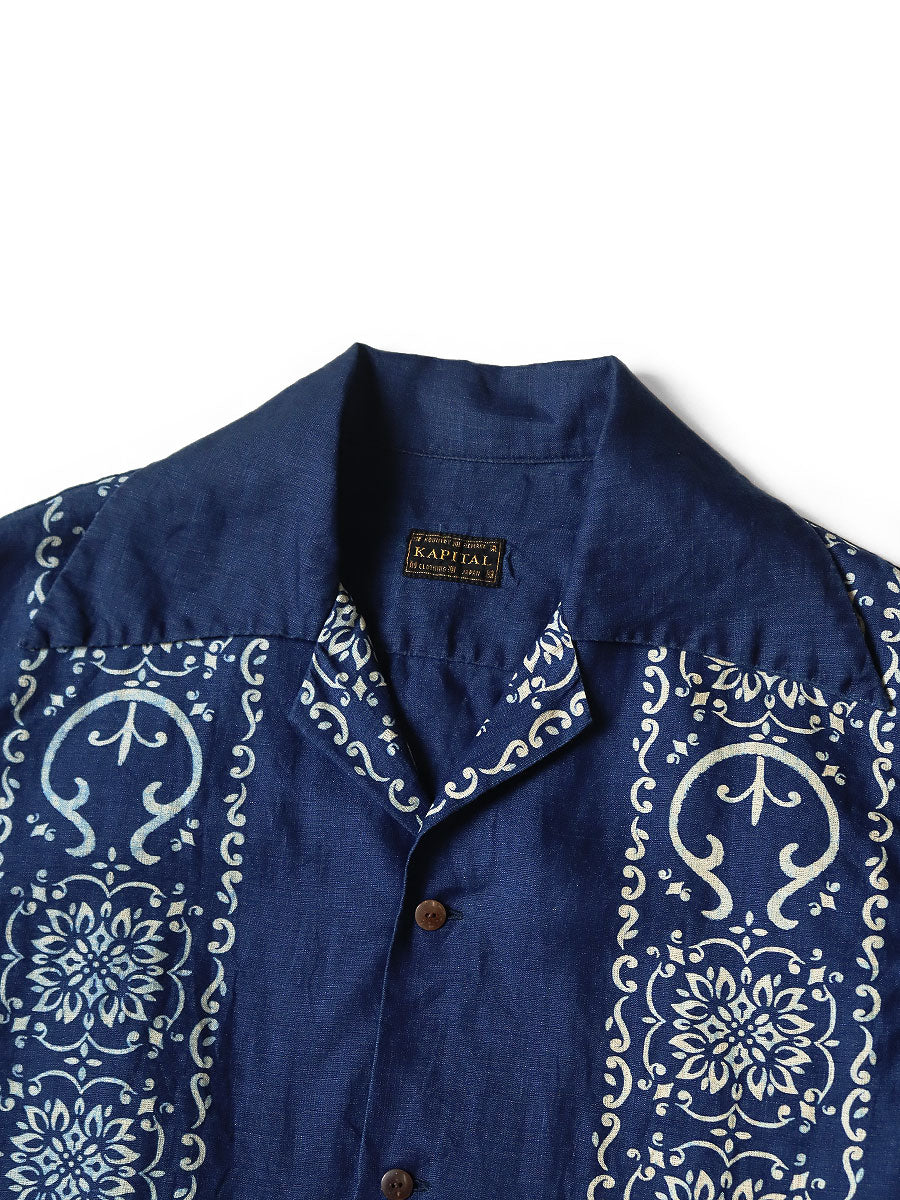 Kapital French Cross Linen Havana Naja Pattern Wrangle Collar Cuban Shirt (Short Sleeve)