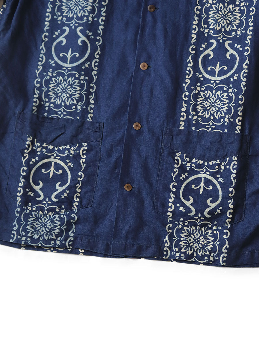 Kapital French Cross Linen Havana Naja Pattern Wrangle Collar Cuban Shirt (Short Sleeve)