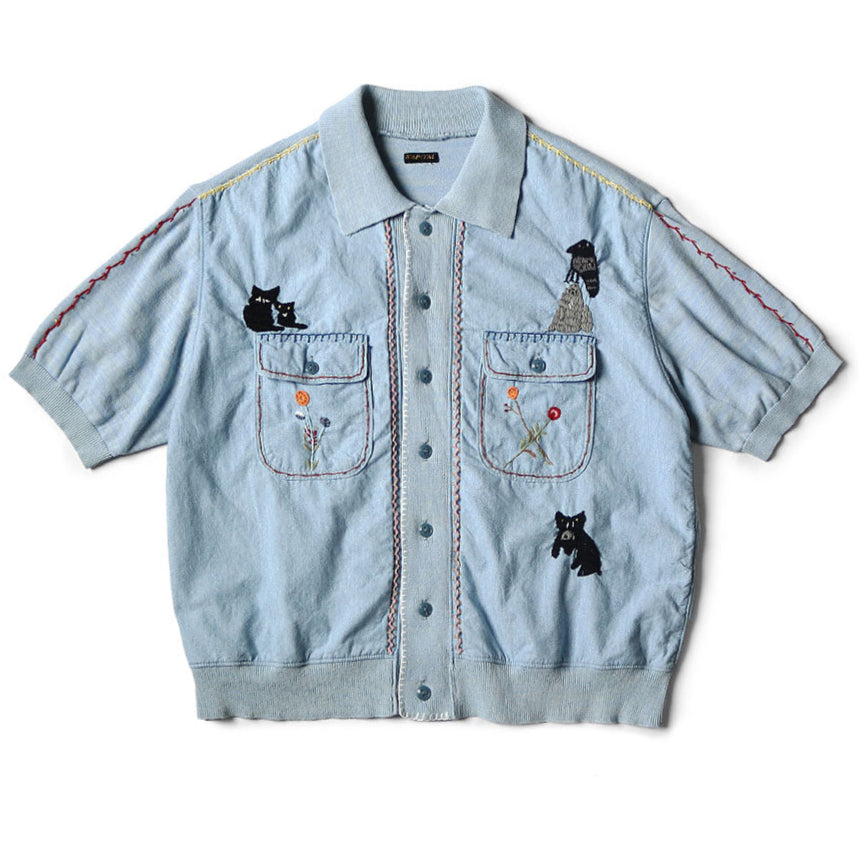 Kapital Knit x Chambray Polo Shirt (Crow & Cat Embroidery)