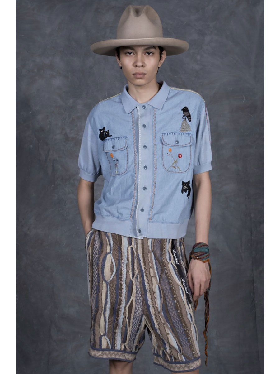 Kapital Knit x Chambray Polo Shirt (Crow & Cat Embroidery)