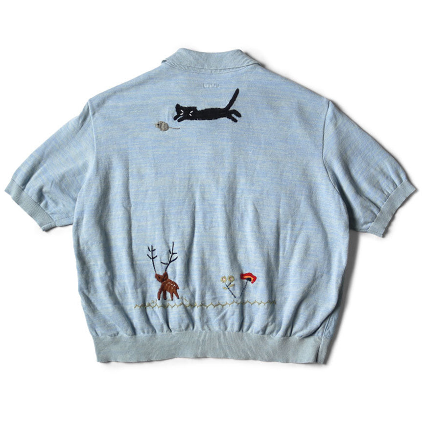 Kapital Knit x Chambray Polo Shirt (Crow & Cat Embroidery)