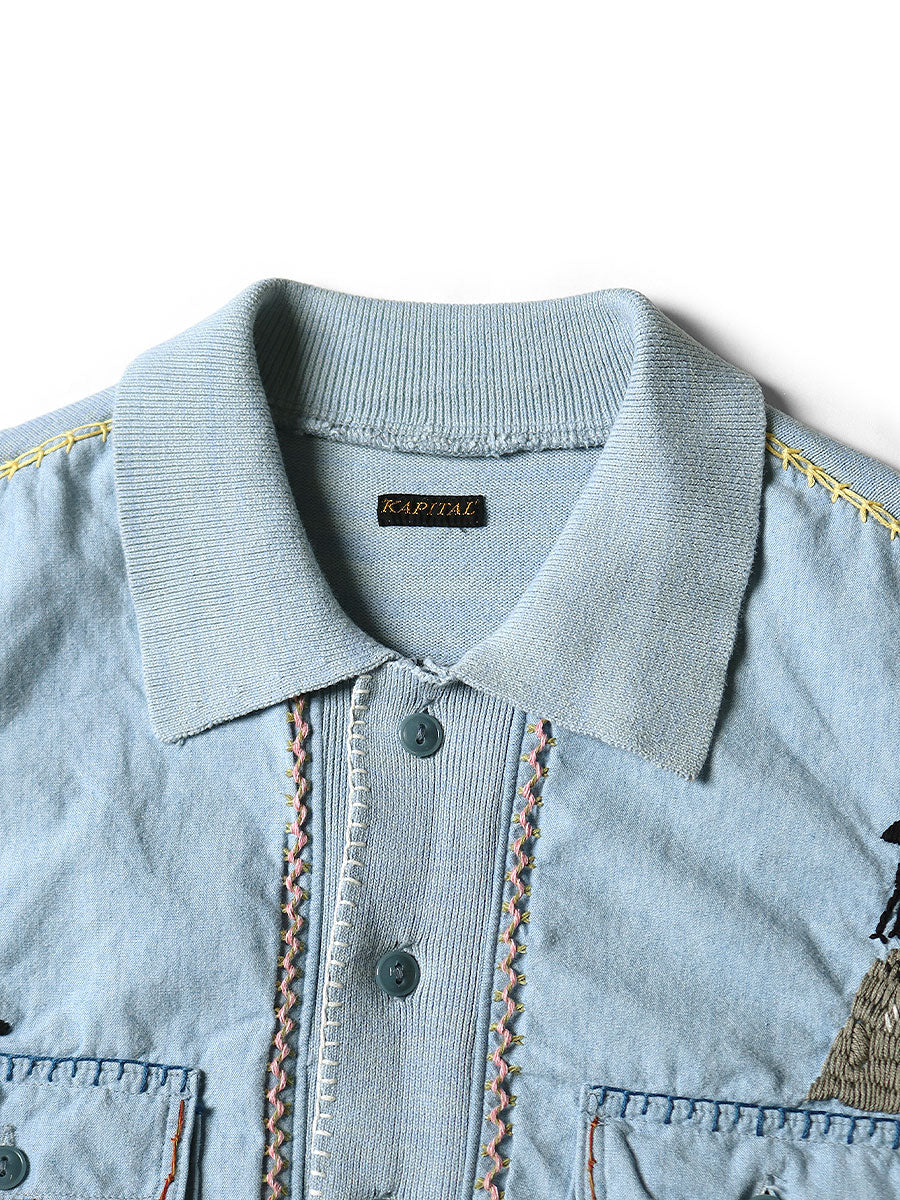 Kapital Knit x Chambray Polo Shirt (Crow & Cat Embroidery)