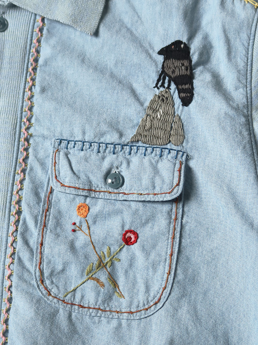 Kapital Knit x Chambray Polo Shirt (Crow & Cat Embroidery)