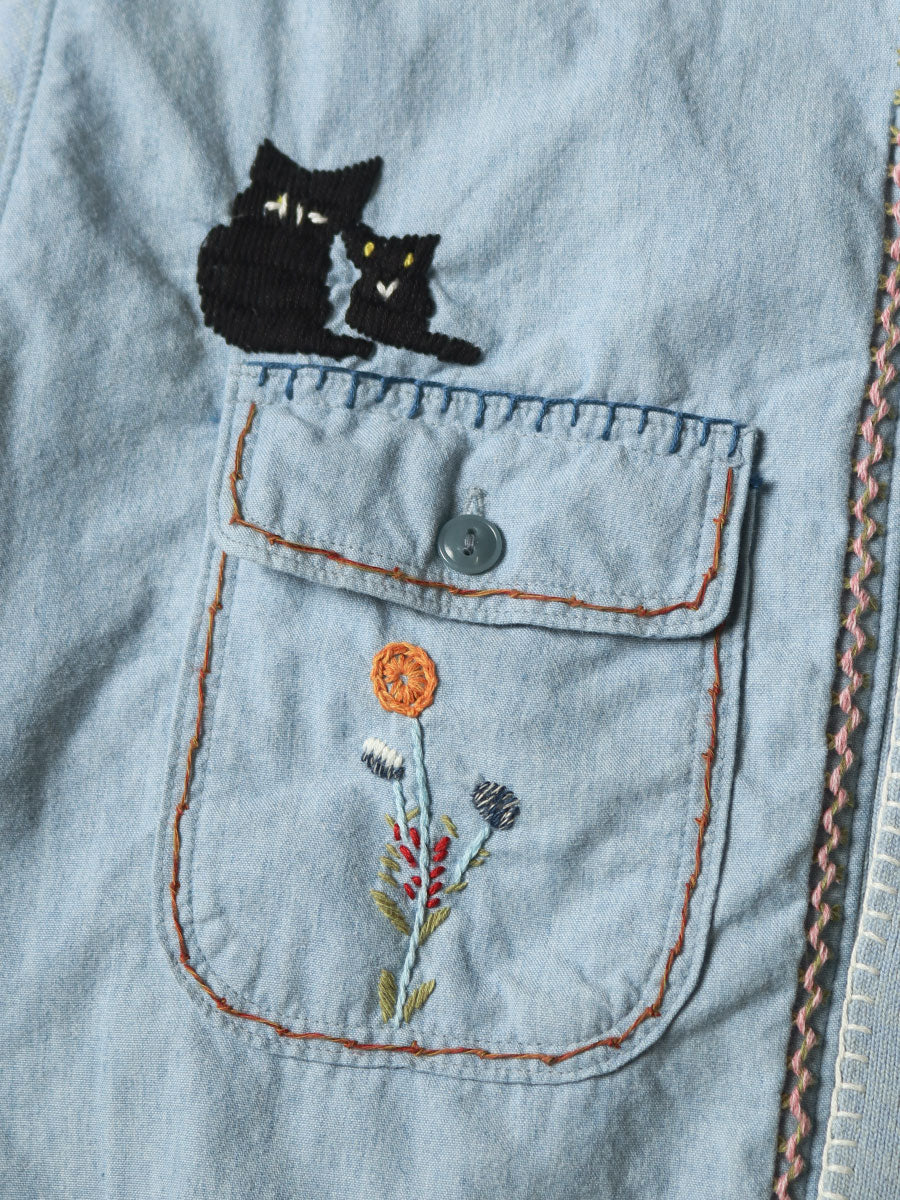 Kapital Knit x Chambray Polo Shirt (Crow & Cat Embroidery)