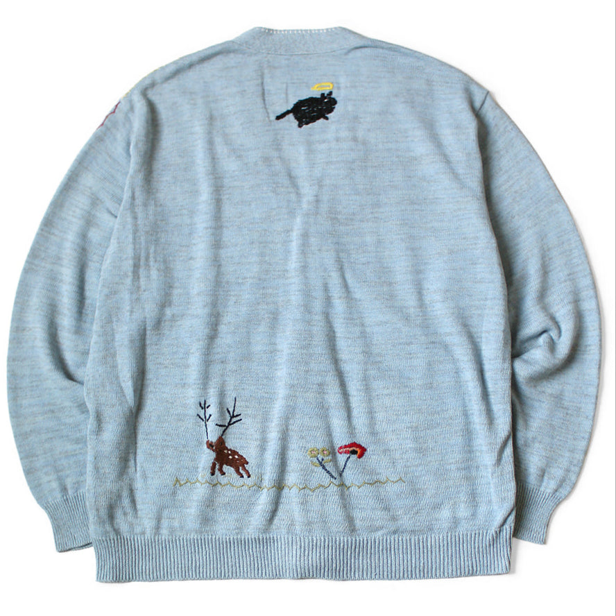 Kapital Knit And Chambray Cardigan (Crow & Cat Embroidery)