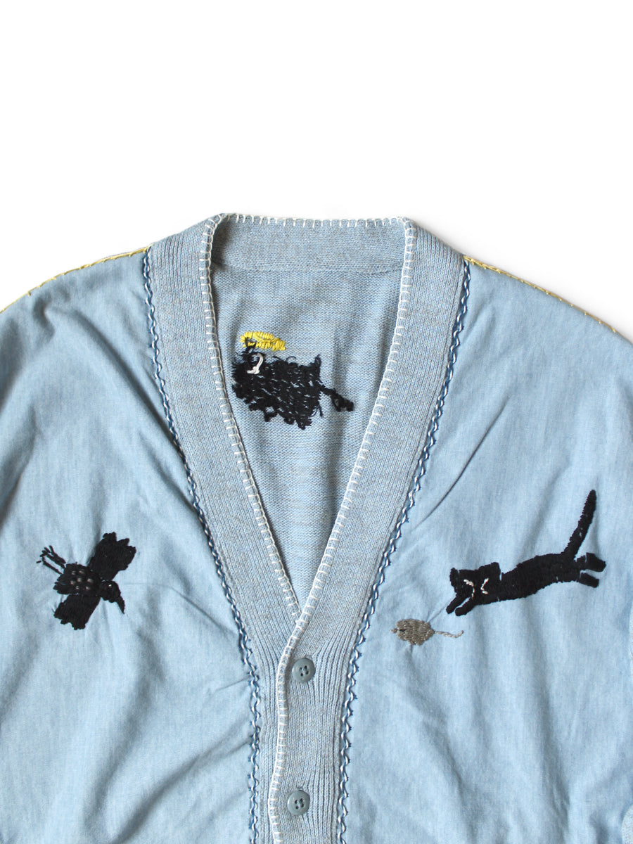Kapital Knit And Chambray Cardigan (Crow & Cat Embroidery)