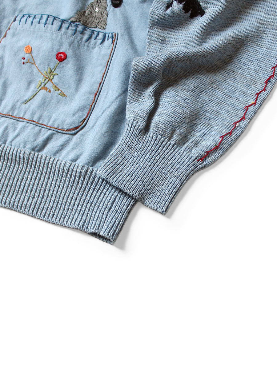 Kapital Knit And Chambray Cardigan (Crow & Cat Embroidery)