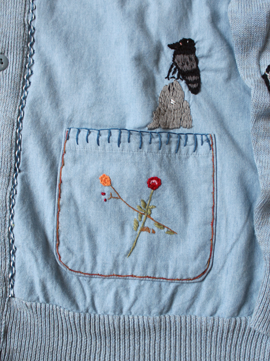 Kapital Knit And Chambray Cardigan (Crow & Cat Embroidery)