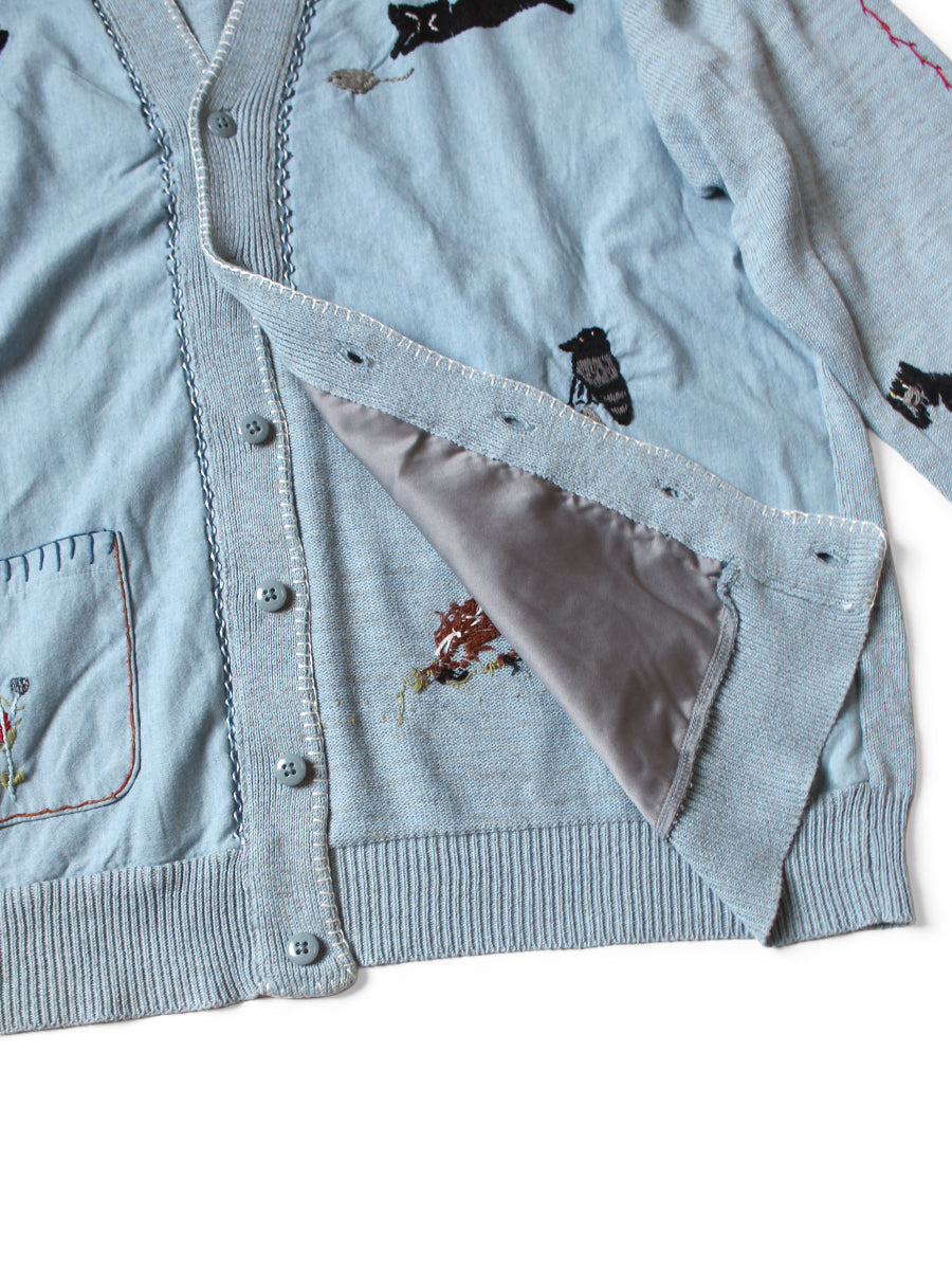 Kapital Knit And Chambray Cardigan (Crow & Cat Embroidery)