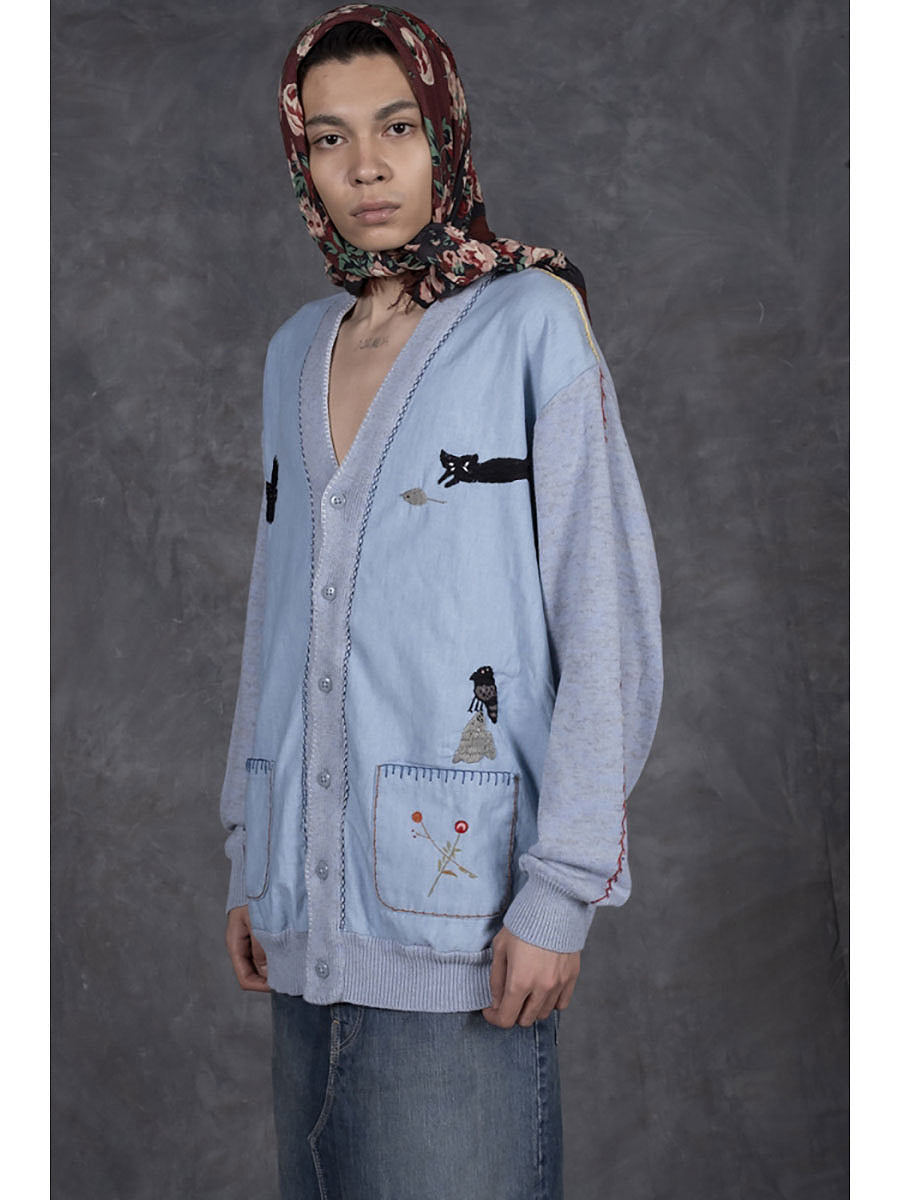 Kapital Knit And Chambray Cardigan (Crow & Cat Embroidery)