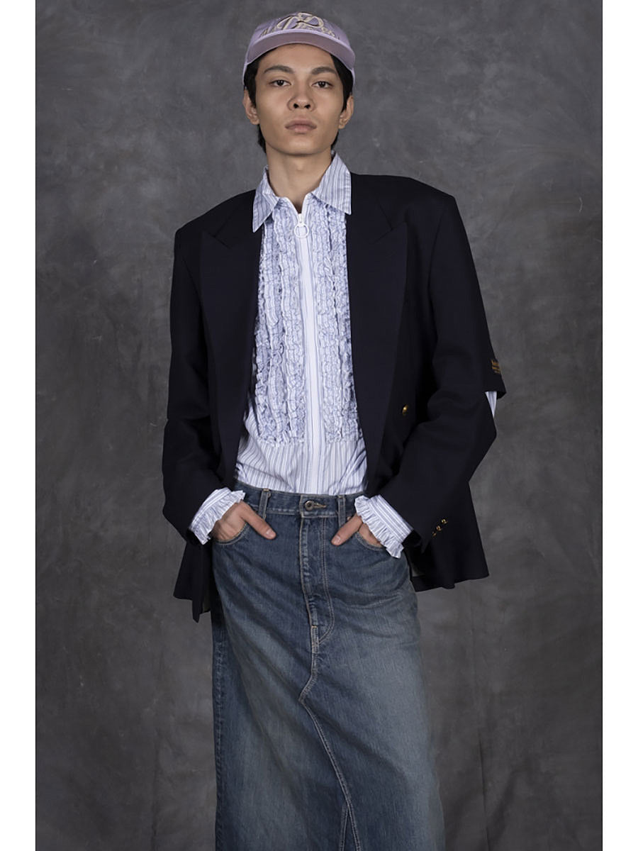 Kapital Cotton Striped Zipper Frill Shirt