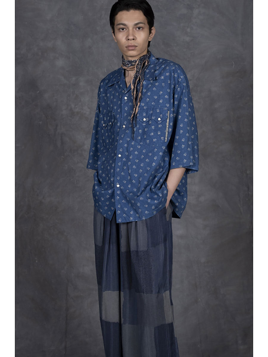 Kapital Dobby Stripe IDG Discharge Print Open Collar Western Big Shirt
