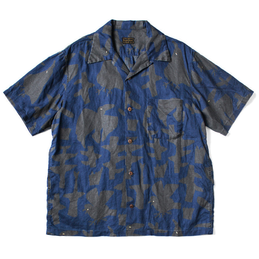 Kapital French Cross Linen Guiding Light Crow Discharge Print Aloha Shirt