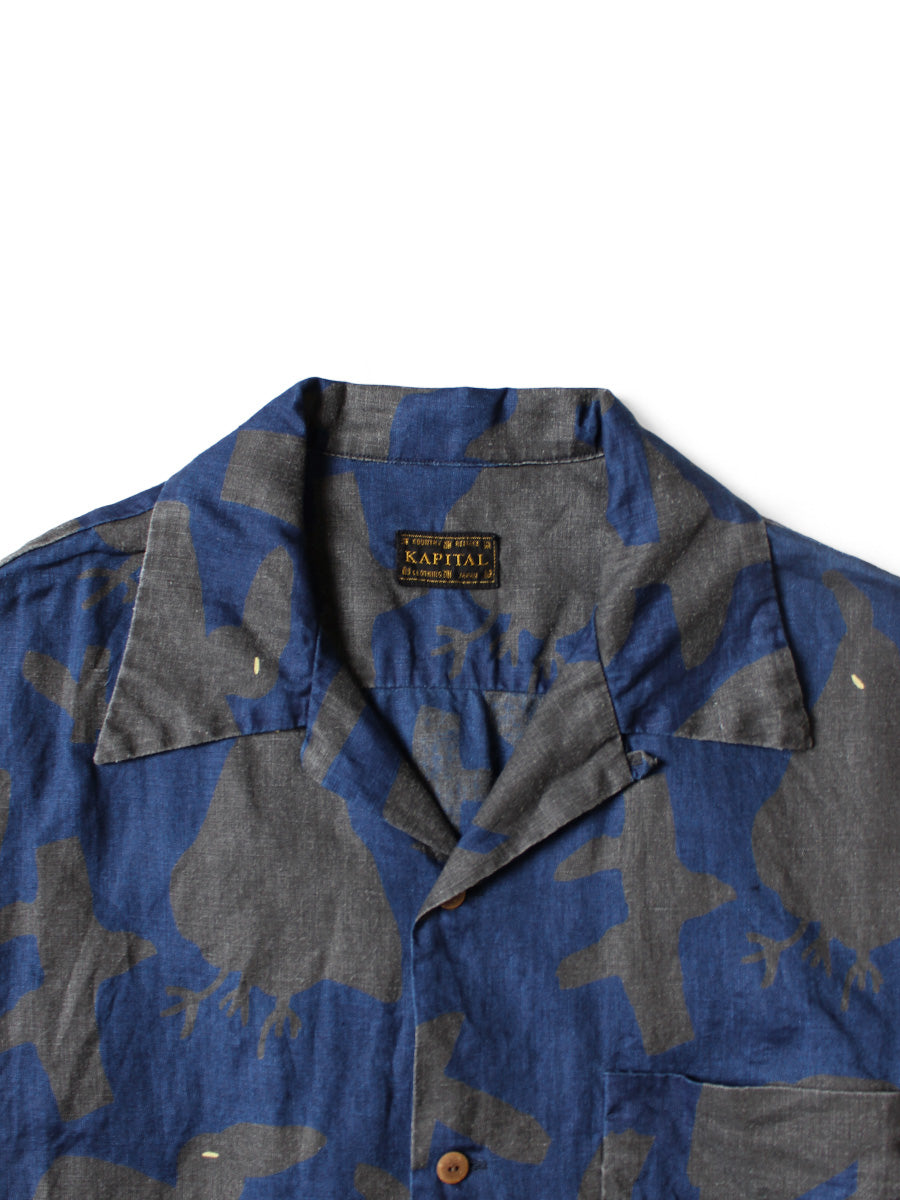 Kapital French Cross Linen Guiding Light Crow Discharge Print Aloha Shirt