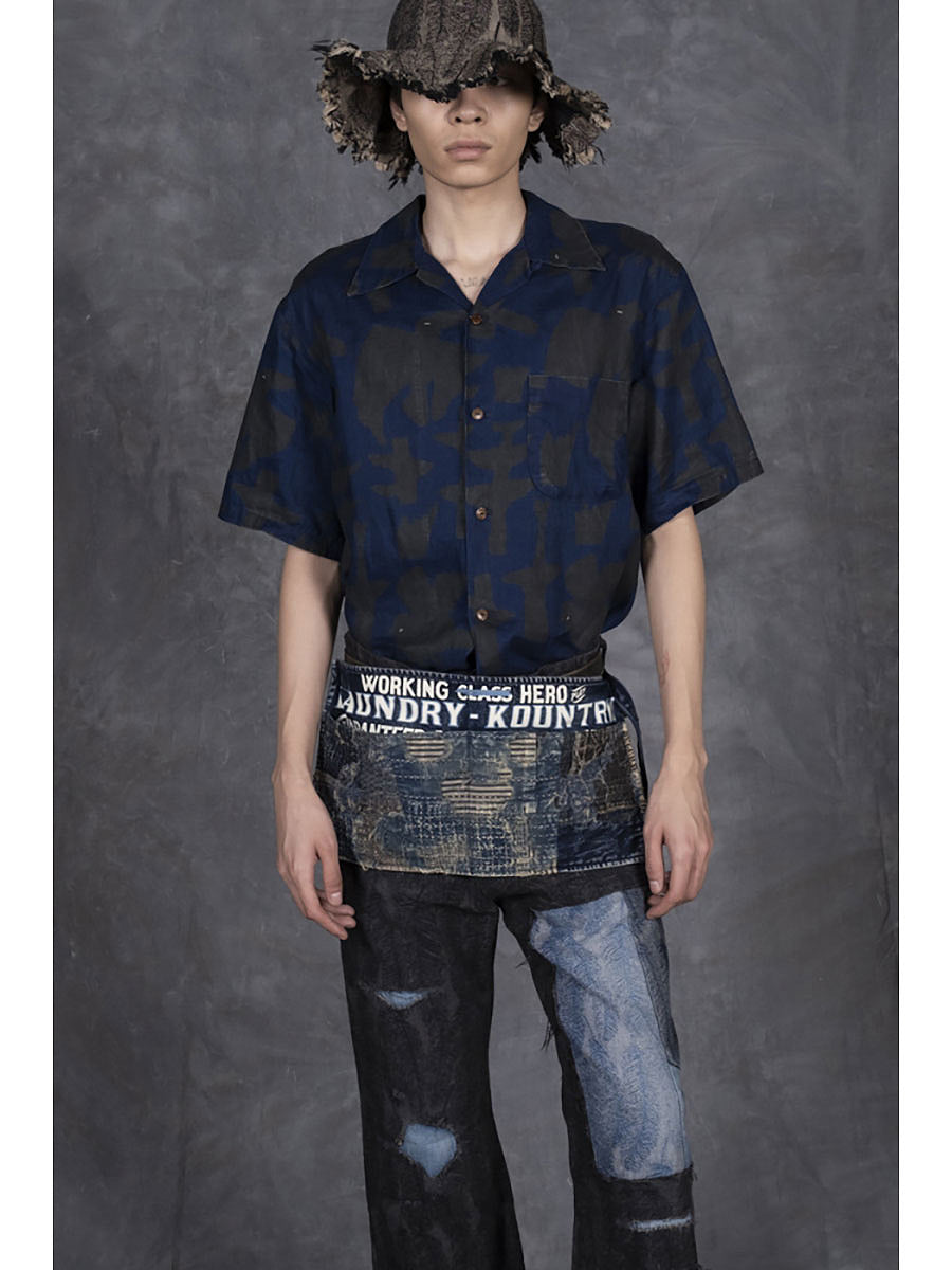 Kapital French Cross Linen Guiding Light Crow Discharge Print Aloha Shirt