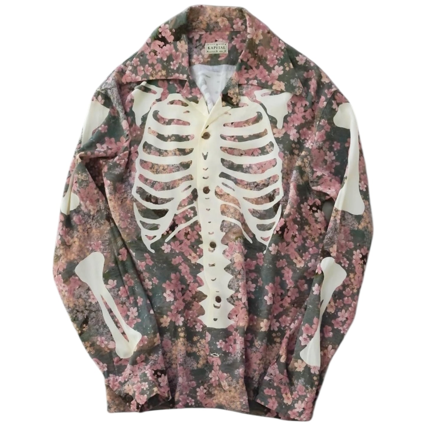 Kapital Rayon Sakura Bone Print Wrangle Collar Open Neck Shirt