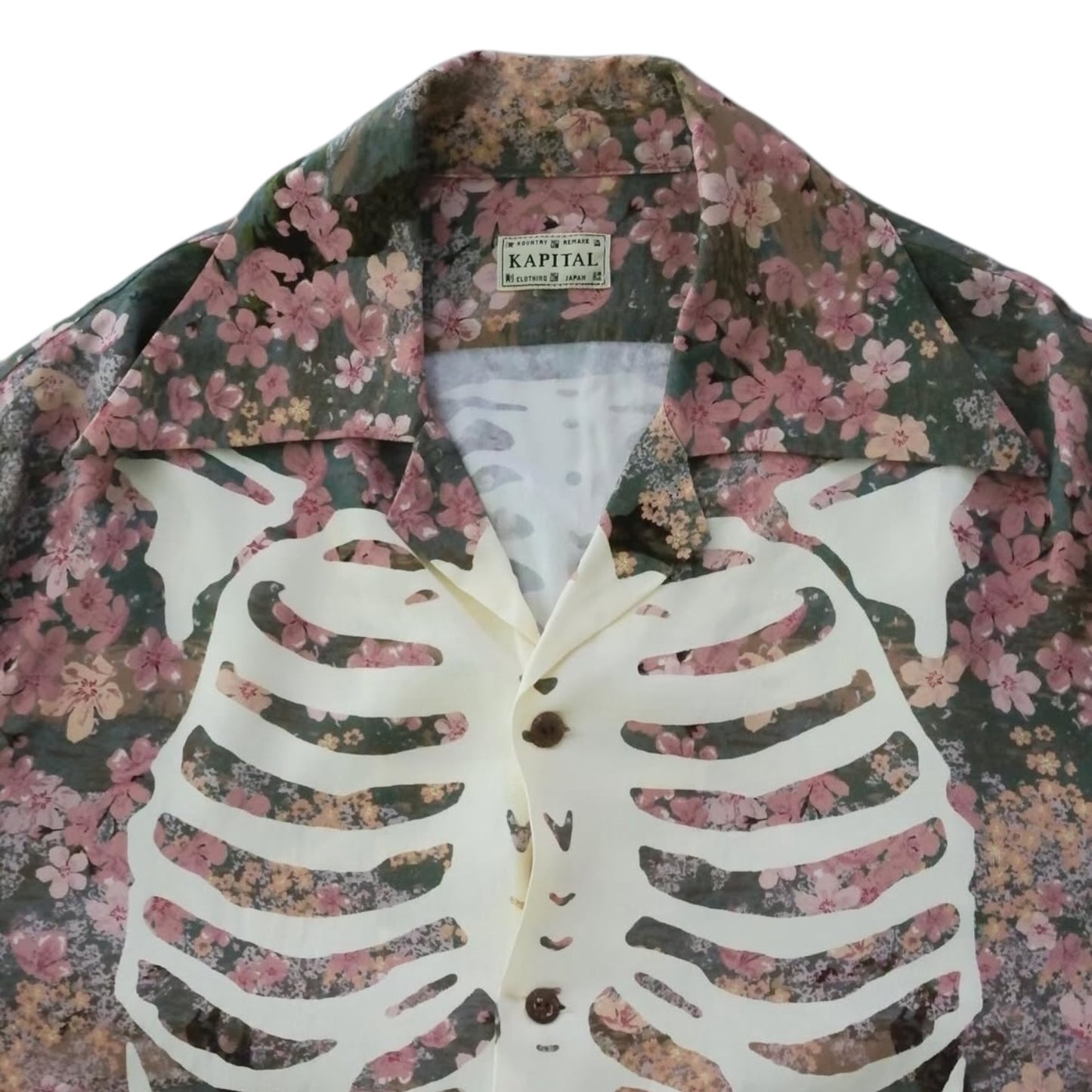 Kapital Rayon Sakura Bone Print Wrangle Collar Open Neck Shirt