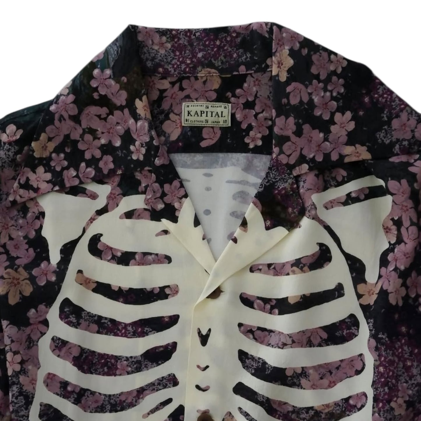 Kapital Rayon Sakura Bone Print Wrangle Collar Open Neck Shirt