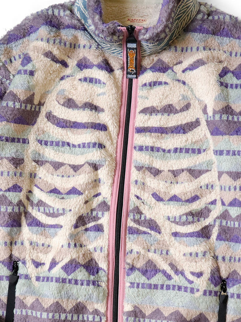 Kapital Ashland Stripe & Bone Pattern Fleece Zip Jacket