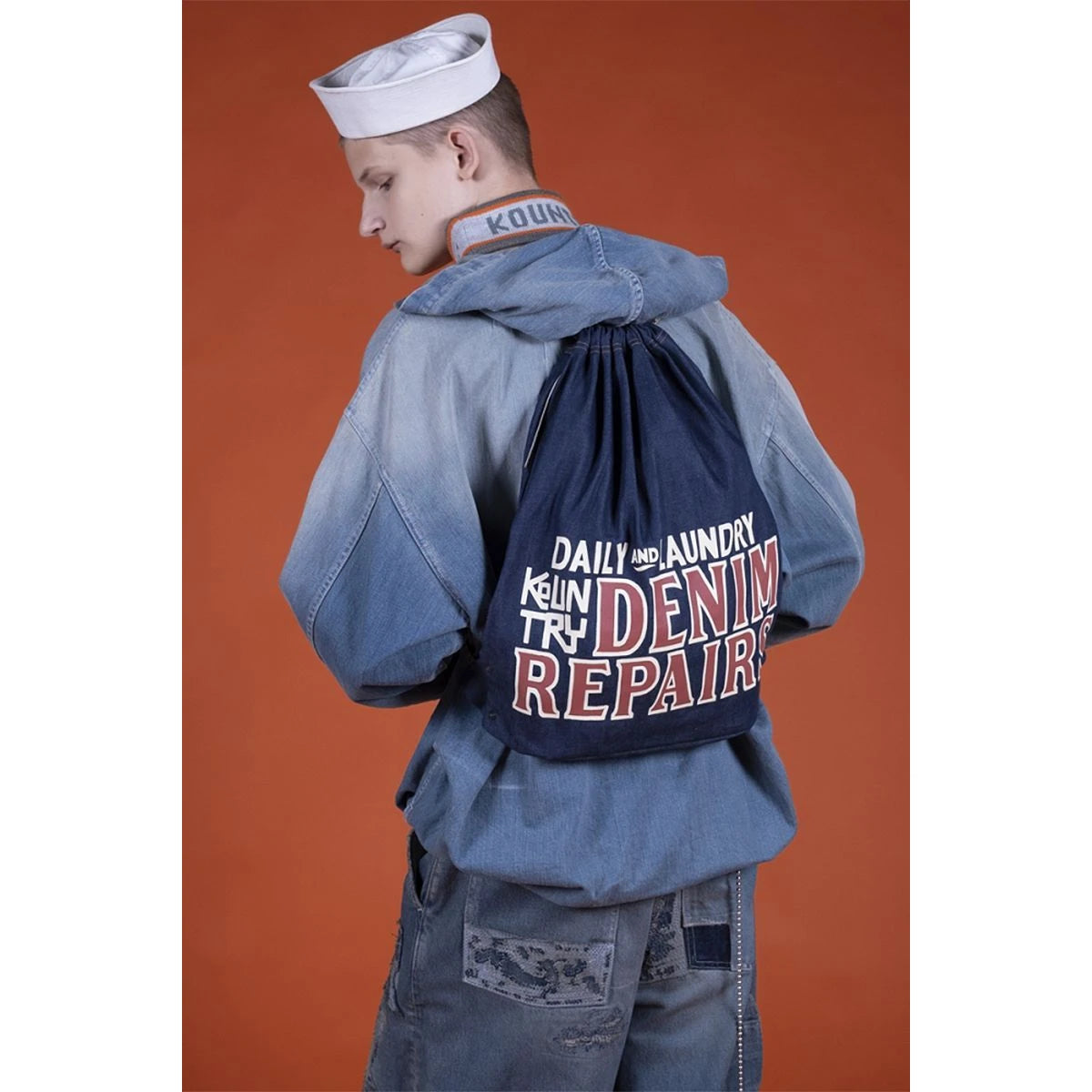 Kapital 8oz Denim Drawstring Bag (Denim Repairs Print)