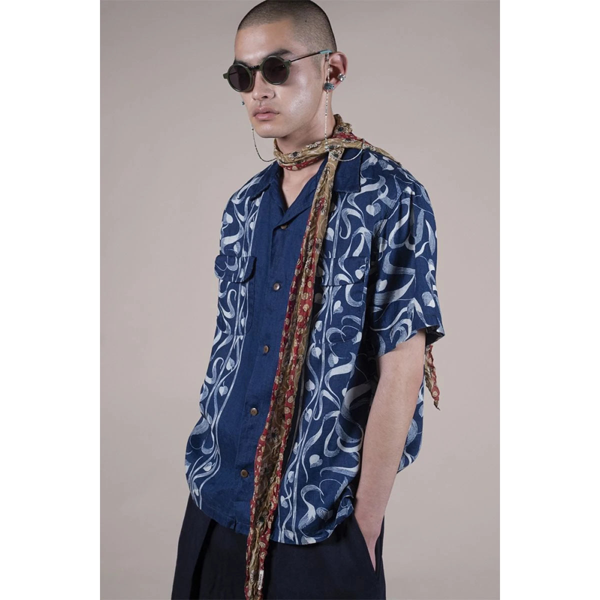 Kapital French Cross Linen Discharge Print Okra Pattern Short Sleeve Open Collar Shirt