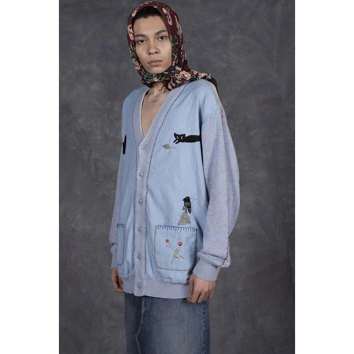 Kapital Knit And Chambray Cardigan (Crow & Cat Embroidery)