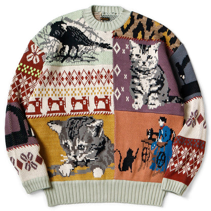 Kapital 5G Cotton Knit Patchwork Big Crew Sweater (Cat & Crow)