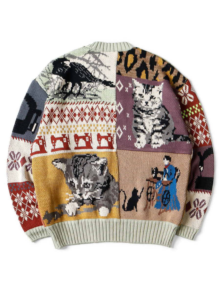 Kapital 5G Cotton Knit Patchwork Big Crew Sweater (Cat & Crow)