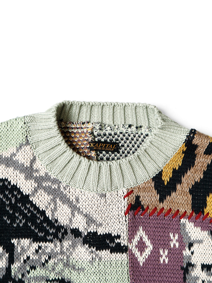 Kapital 5G Cotton Knit Patchwork Big Crew Sweater (Cat & Crow)