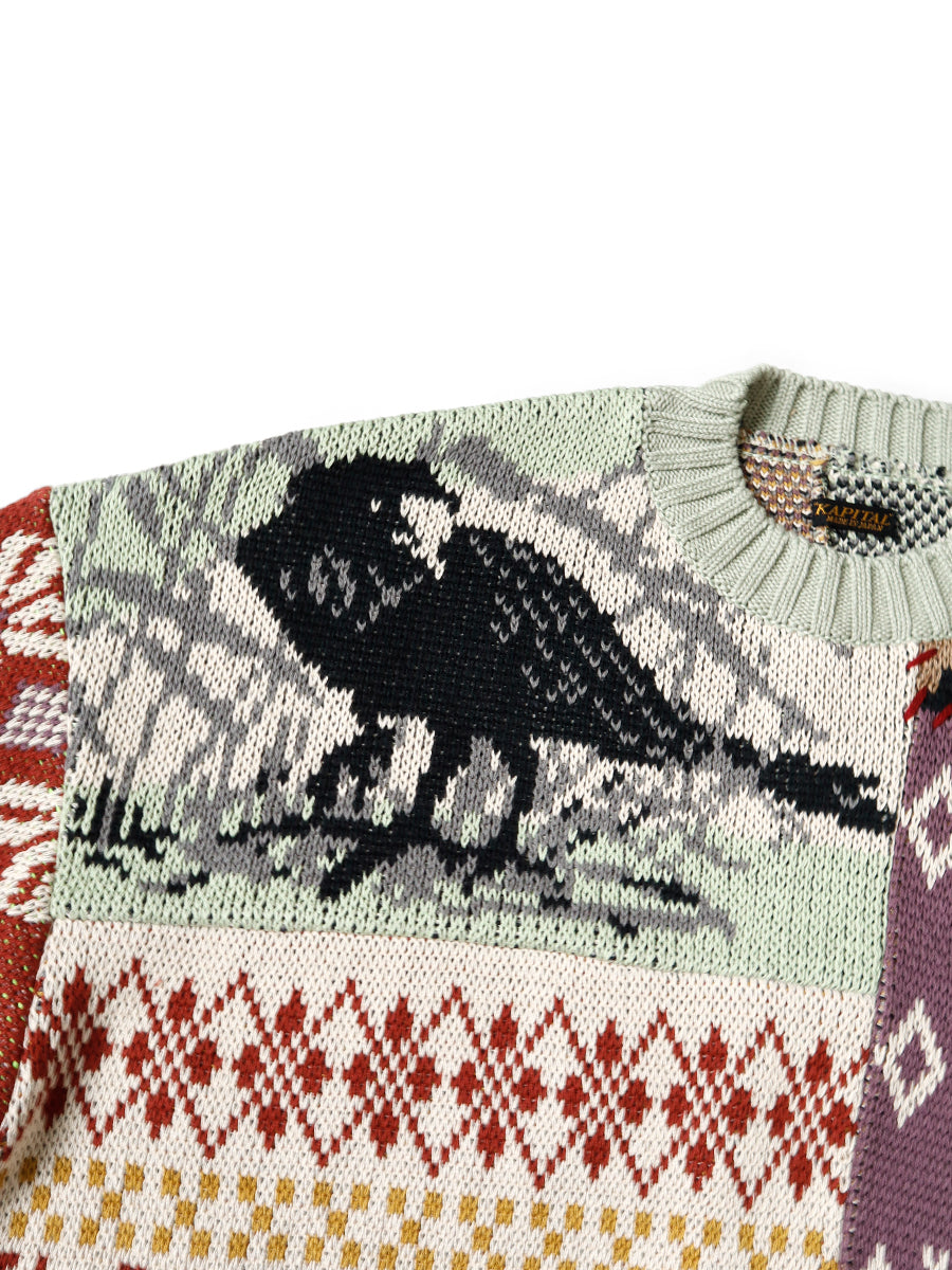 Kapital 5G Cotton Knit Patchwork Big Crew Sweater (Cat & Crow)