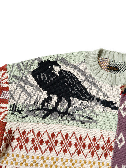Kapital 5G Cotton Knit Patchwork Big Crew Sweater (Cat & Crow)