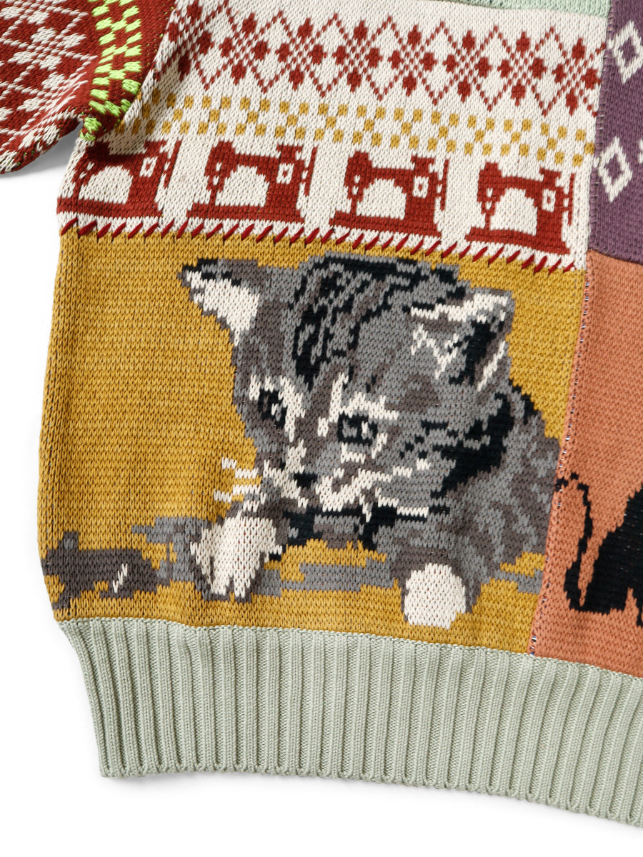 Kapital 5G Cotton Knit Patchwork Big Crew Sweater (Cat & Crow)