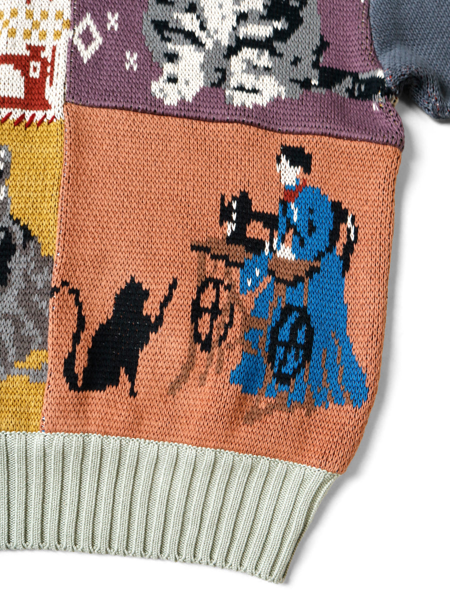 Kapital 5G Cotton Knit Patchwork Big Crew Sweater (Cat & Crow)