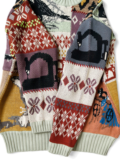 Kapital 5G Cotton Knit Patchwork Big Crew Sweater (Cat & Crow)