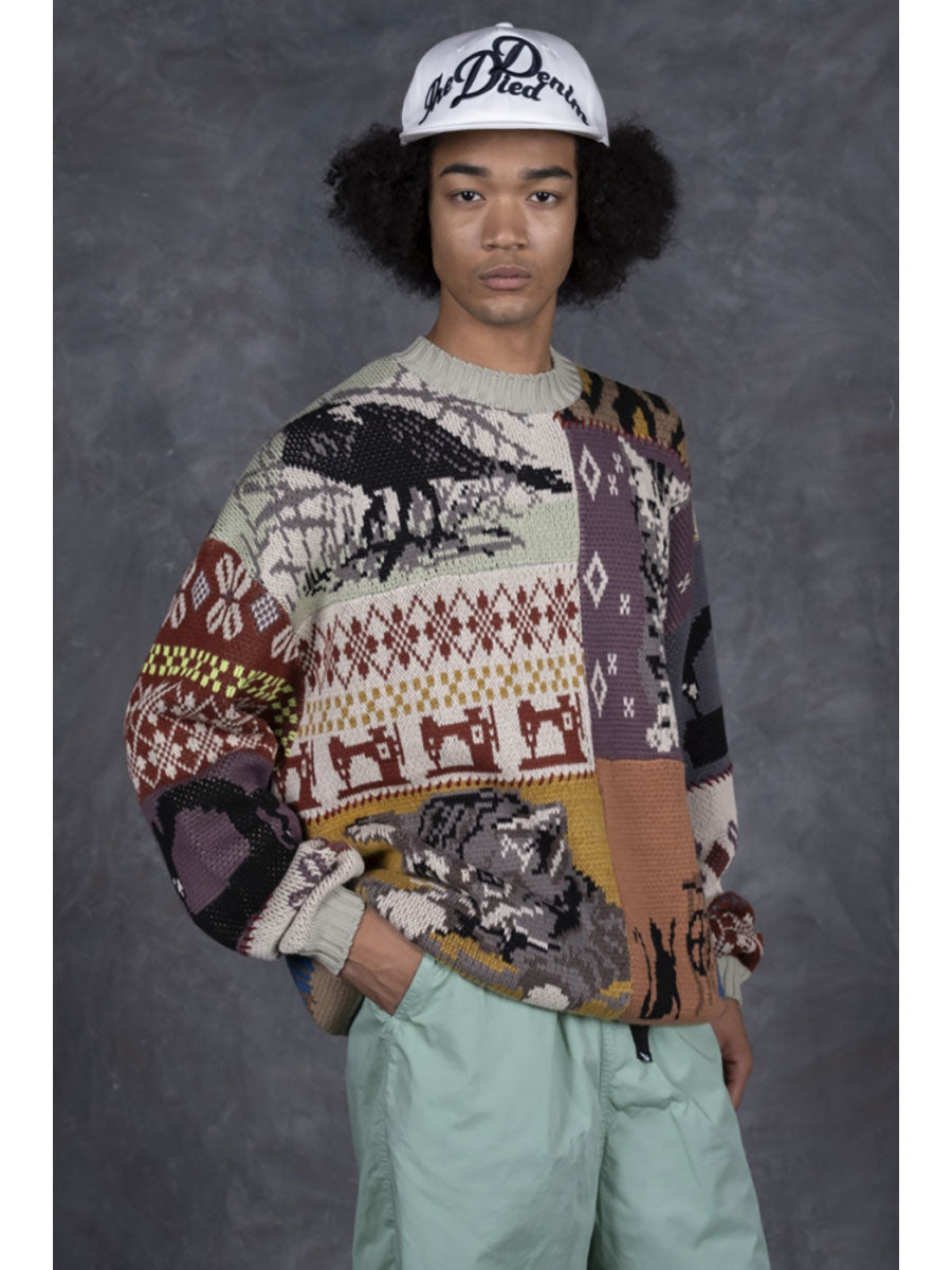 Kapital 5G Cotton Knit Patchwork Big Crew Sweater (Cat & Crow)