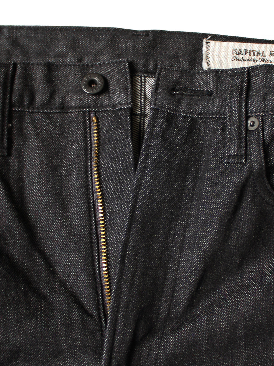Kapital 14oz Black Denim 5P Wide Leg Monkey TH (Zip Fly)