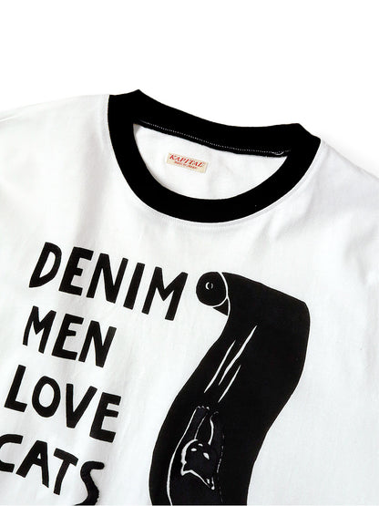 Kapital Jersey Ringer Tee (Denim Men Love Cats Scratch Print)