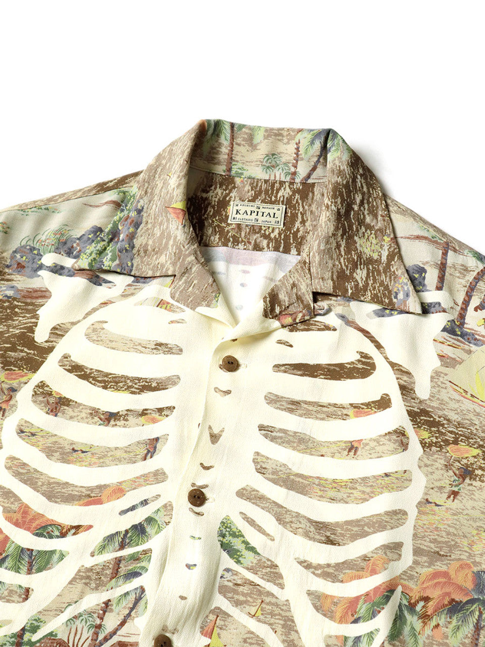 Kapital Rayon Kamehameha Bone Print Aloha Shirt