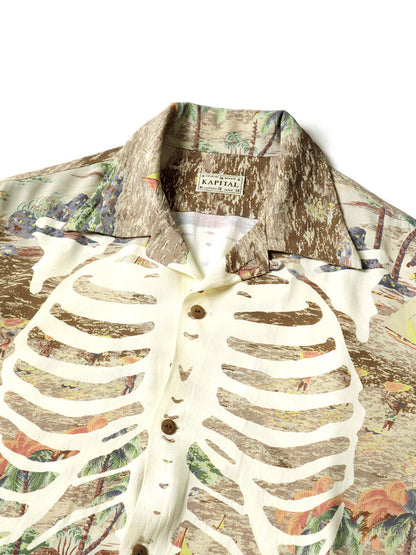 Kapital Rayon Kamehameha Bone Print Aloha Shirt