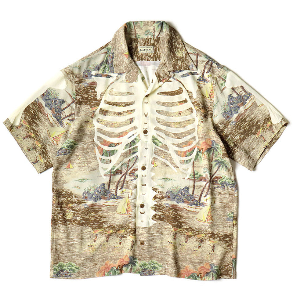 Kapital Rayon Kamehameha Bone Print Aloha Shirt