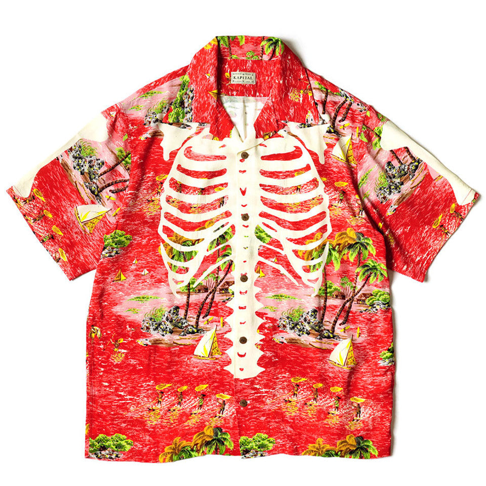 Kapital Rayon Kamehameha Bone Print Aloha Shirt