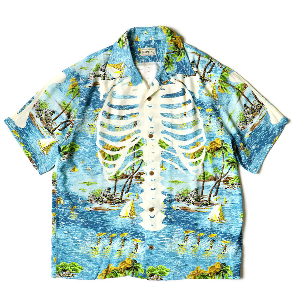 Kapital Rayon Kamehameha Bone Print Aloha Shirt