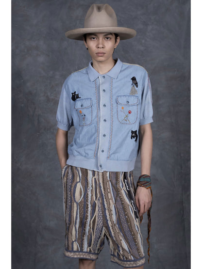 Kapital Knit x Chambray Polo Shirt (Crow & Cat Embroidery)