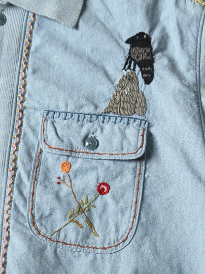Kapital Knit x Chambray Polo Shirt (Crow & Cat Embroidery)