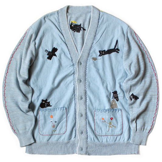 Kapital Knit And Chambray Cardigan (Crow & Cat Embroidery)