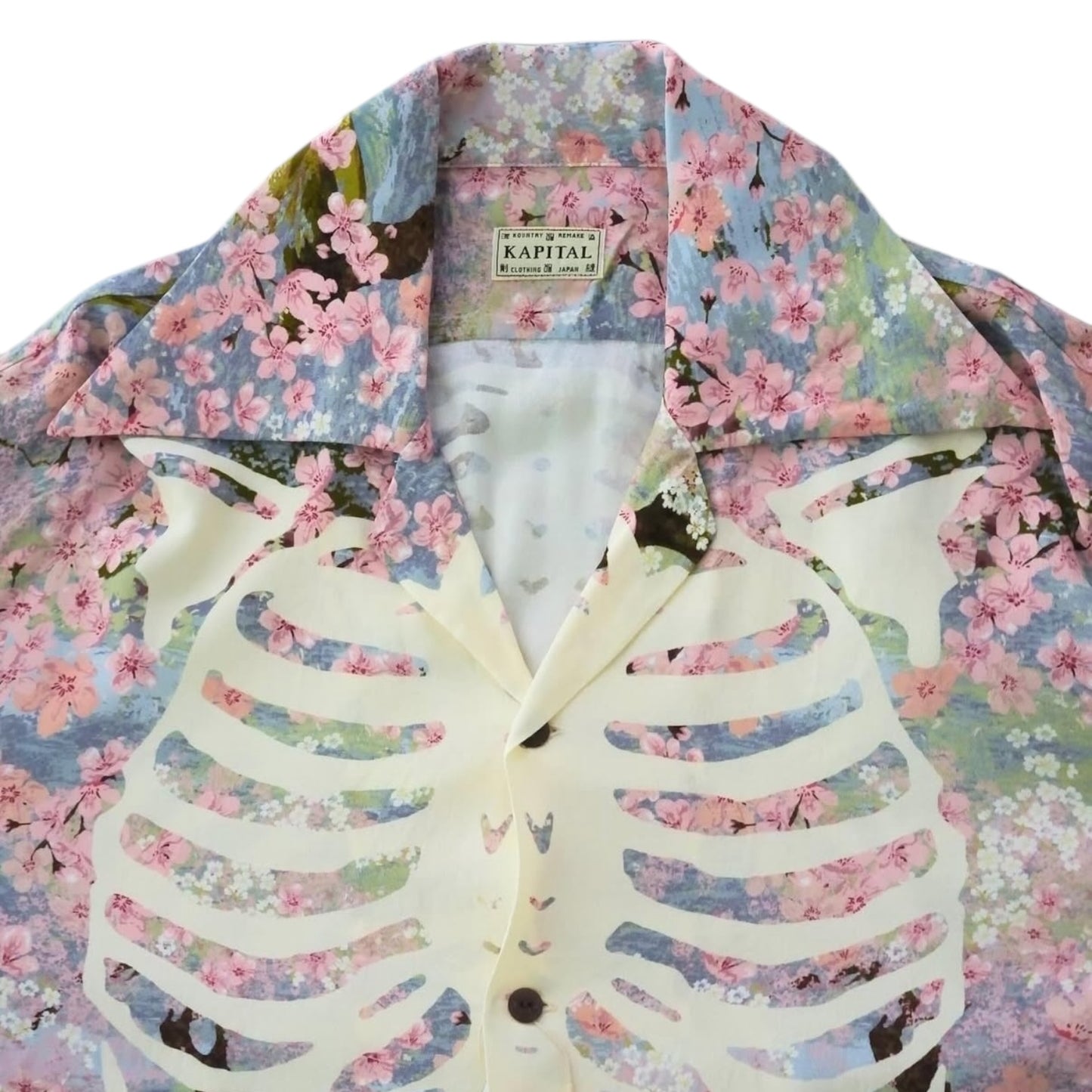 Kapital Rayon Sakura Bone Print Wrangle Collar Open Neck Shirt