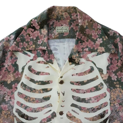 Kapital Rayon Sakura Bone Print Wrangle Collar Open Neck Shirt