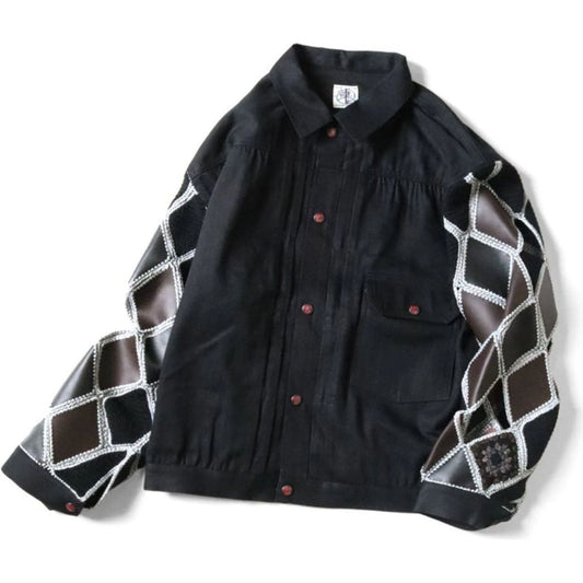 Kapital 11.5oz Black x Black Denim Hippy Crochet Sleeve 1st Jacket